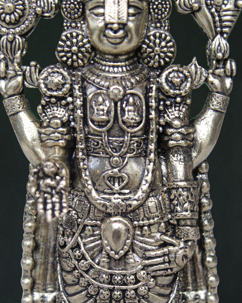 Extreme close-up of Tirupati Balaji brass idol showing divine necklace, chest emblem, Srivatsam and four hands – intricate brass idol detail at Rigvedaa