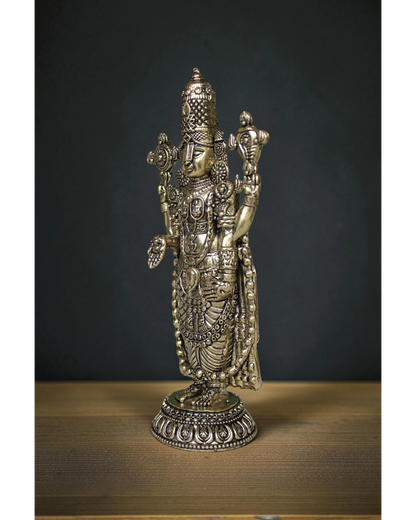 Side angle view of Tirupati Balaji brass idol showing intricate jewellery and divine attire – pure brass Lord Venkateshwara murti for home temple