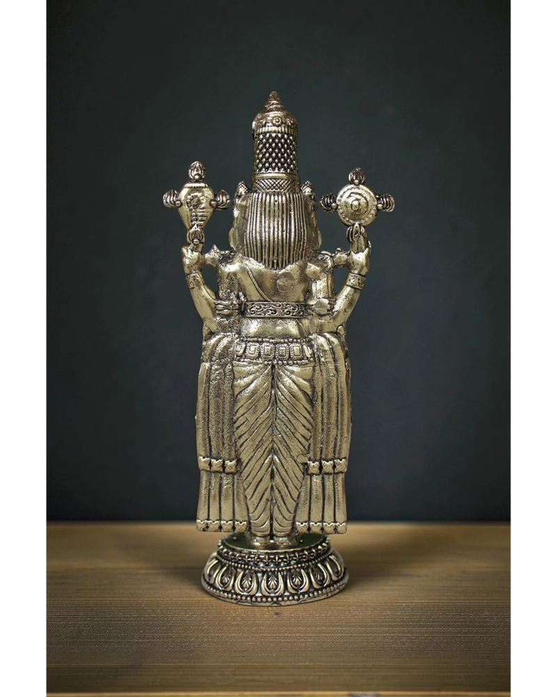 Back view of Tirupati Balaji brass murti showing detailed rear carving and lotus pedestal – handmade Indian religious brass idol at Rigvedaa