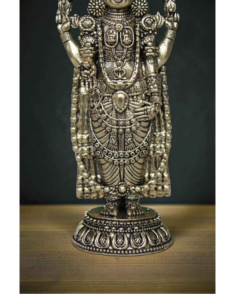 Detailed view of Tirupati Balaji brass murti showing ornate body jewellery, sacred garment and lotus base – fine handcrafted brass craftsmanship
