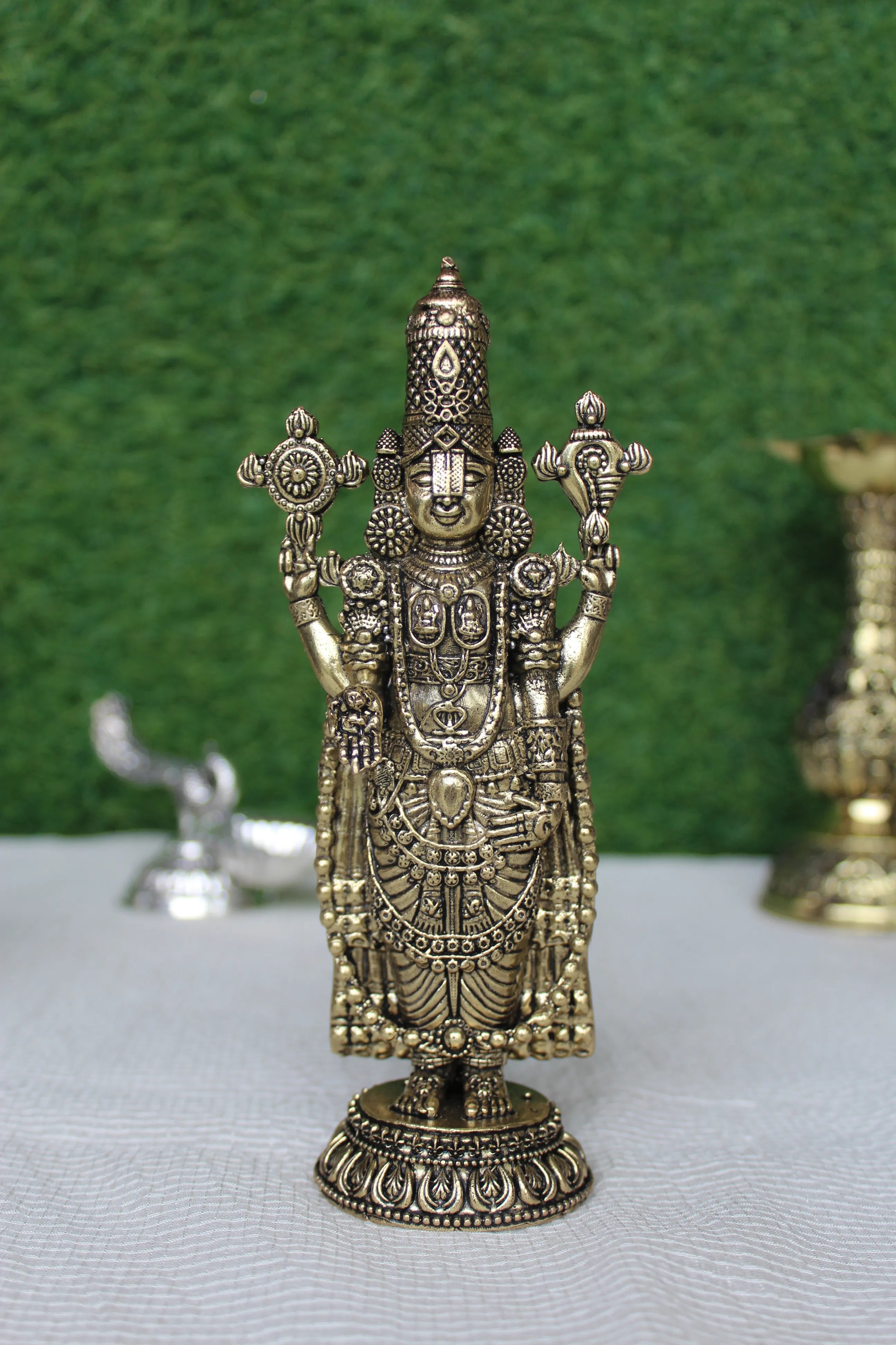 Tirupati Balaji brass murti full front view handcrafted Lord Venkateswara standing idol on lotus base, buy online at Rigvedaa

