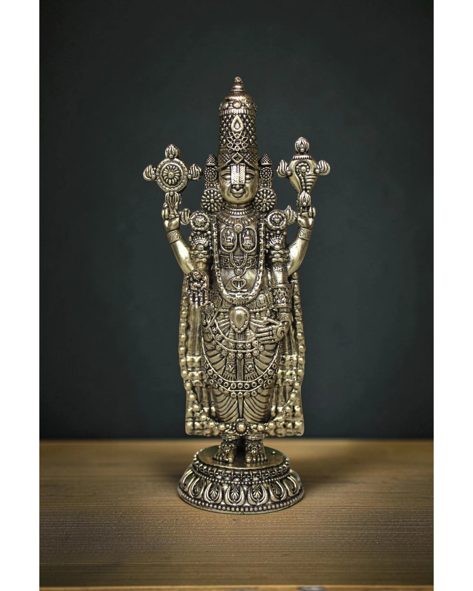 Tirupati Balaji brass murti full front view handcrafted Lord Venkateswara standing idol on lotus base, buy online at Rigvedaa