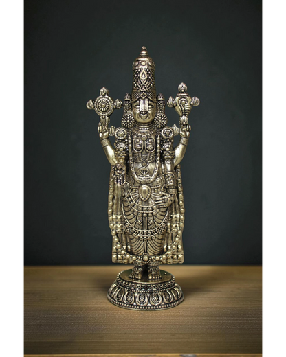 Tirupati Balaji brass murti full front view handcrafted Lord Venkateswara standing idol on lotus base, buy online at Rigvedaa